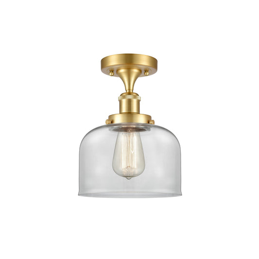Innovations Bell 8in 1-Light Semi-Flush Mount | Industrial Satin Gold Steel and Clear Glass | Kitchen & Hallway | 8 x 8 x 13 in | Model 916-1C-SG-G72