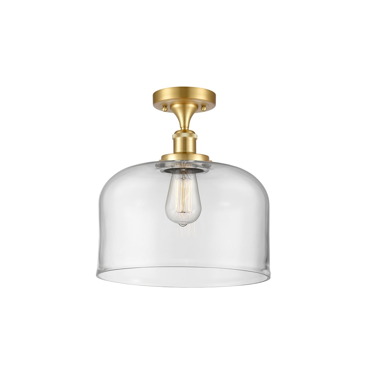 Innovations Bell 12in 1-Light Semi-Flush Mount | Industrial Satin Gold Steel and Clear Glass | Kitchen & Hallway | 12 x 12 x 13 in | Model 916-1C-SG-G72-L