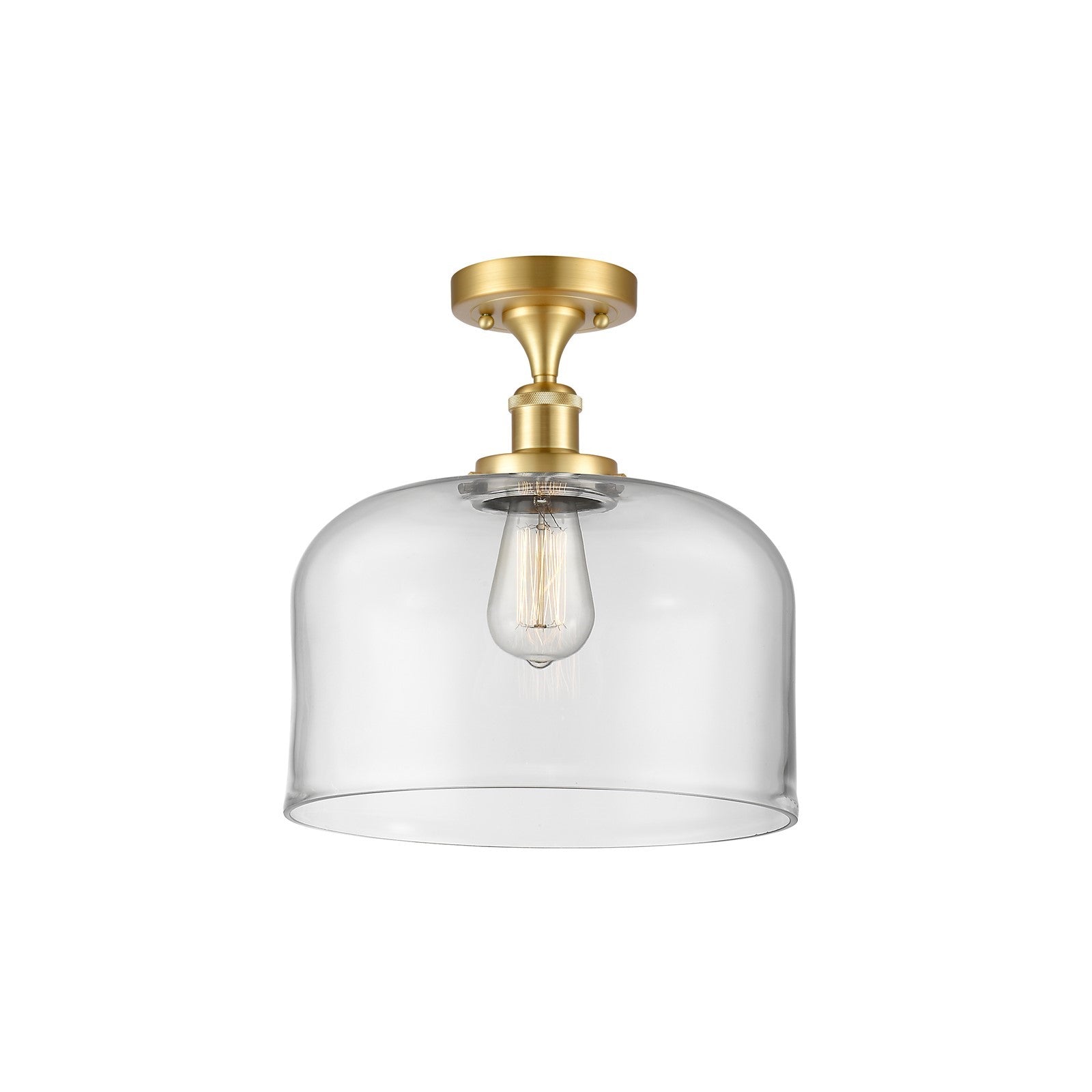 Innovations Bell 12in 1-Light Semi-Flush Mount | Industrial Satin Gold Steel and Clear Glass | Kitchen & Hallway | 12 x 12 x 13 in | Model 916-1C-SG-G72-L