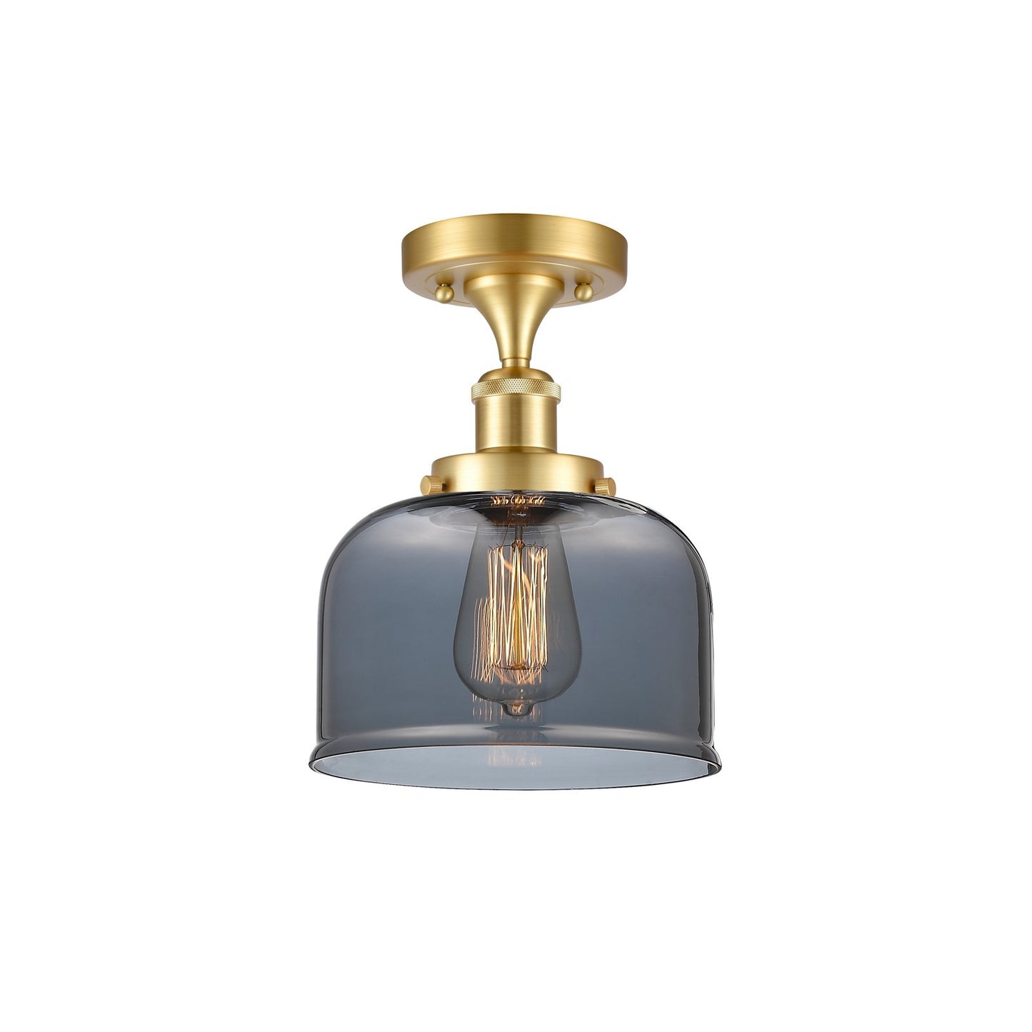 Innovations Bell 8in 1-Light Semi-Flush Mount | Industrial Satin Gold Steel and Light Smoke Glass | Foyer & Hallway | 8 x 8 x 13 in | Model 916-1C-SG-G73