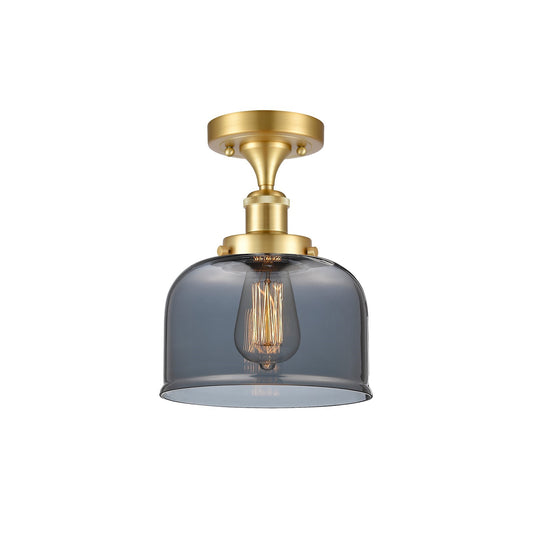 Innovations Bell 8in 1-Light Semi-Flush Mount | Industrial Satin Gold Steel and Light Smoke Glass | Foyer & Hallway | 8 x 8 x 13 in | Model 916-1C-SG-G73