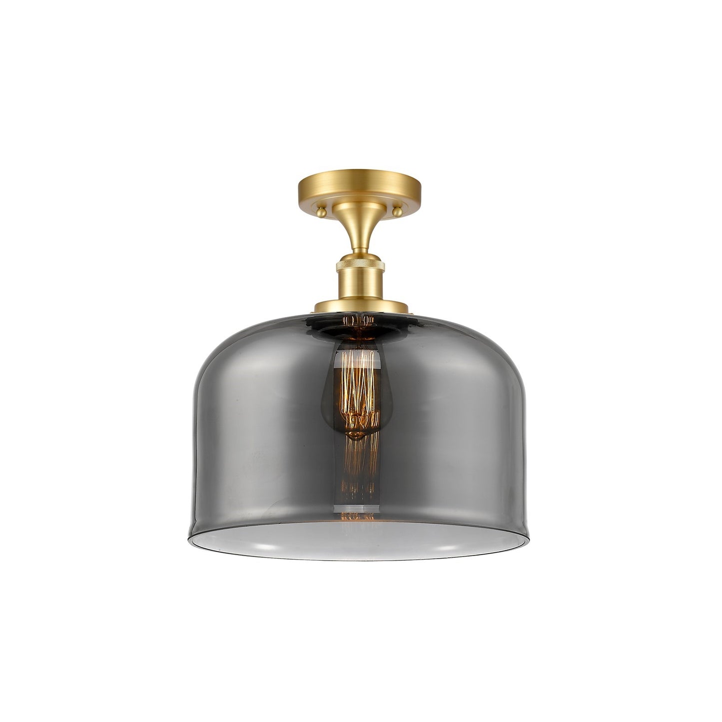 Innovations Bell 12in 1-Light Semi-Flush Mount | Industrial Satin Gold Steel and Light Smoke Glass | Foyer & Hallway | Model 916-1C-SG-G73-L