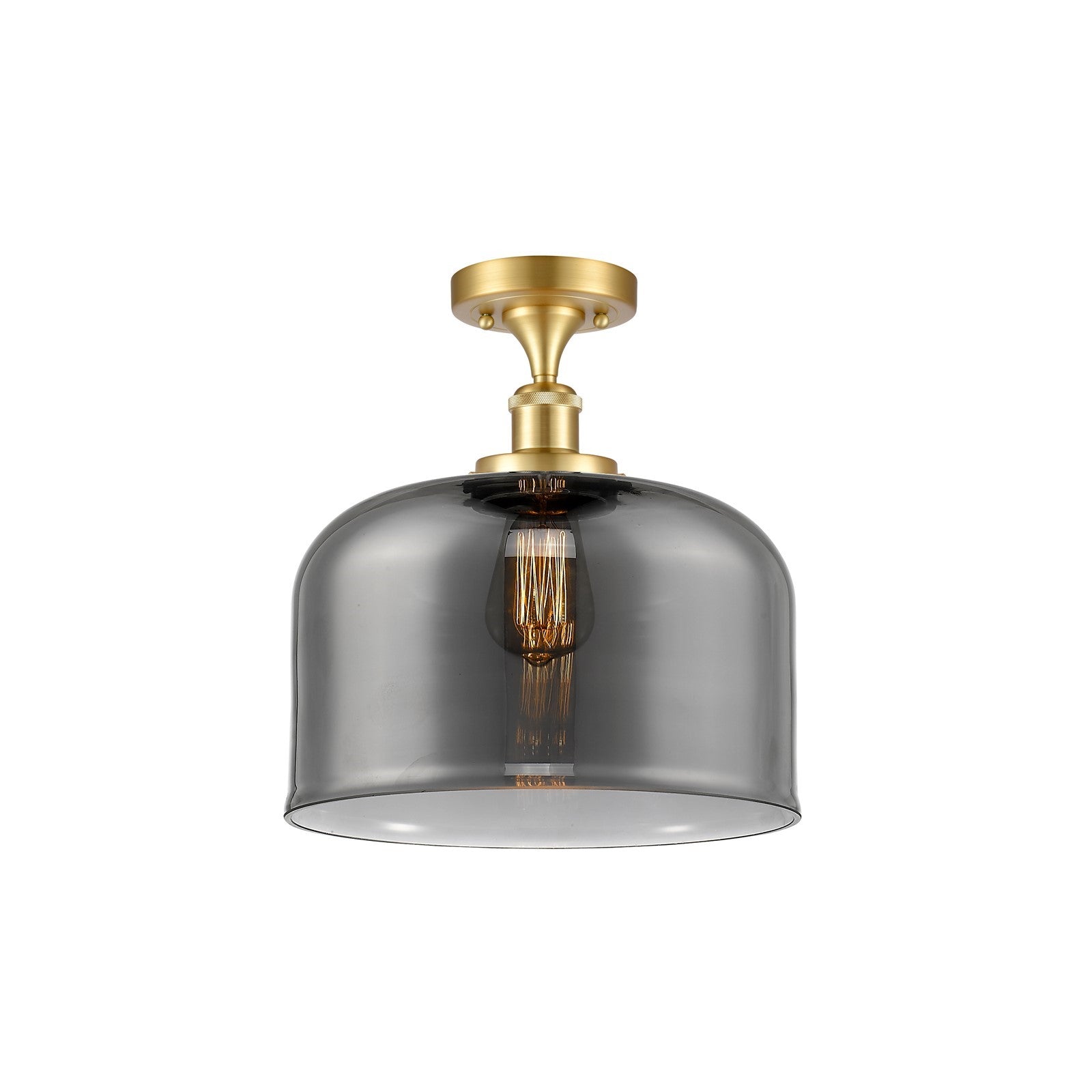 Innovations Bell 12in 1-Light Semi-Flush Mount | Industrial Satin Gold Steel and Light Smoke Glass | Foyer & Hallway | Model 916-1C-SG-G73-L