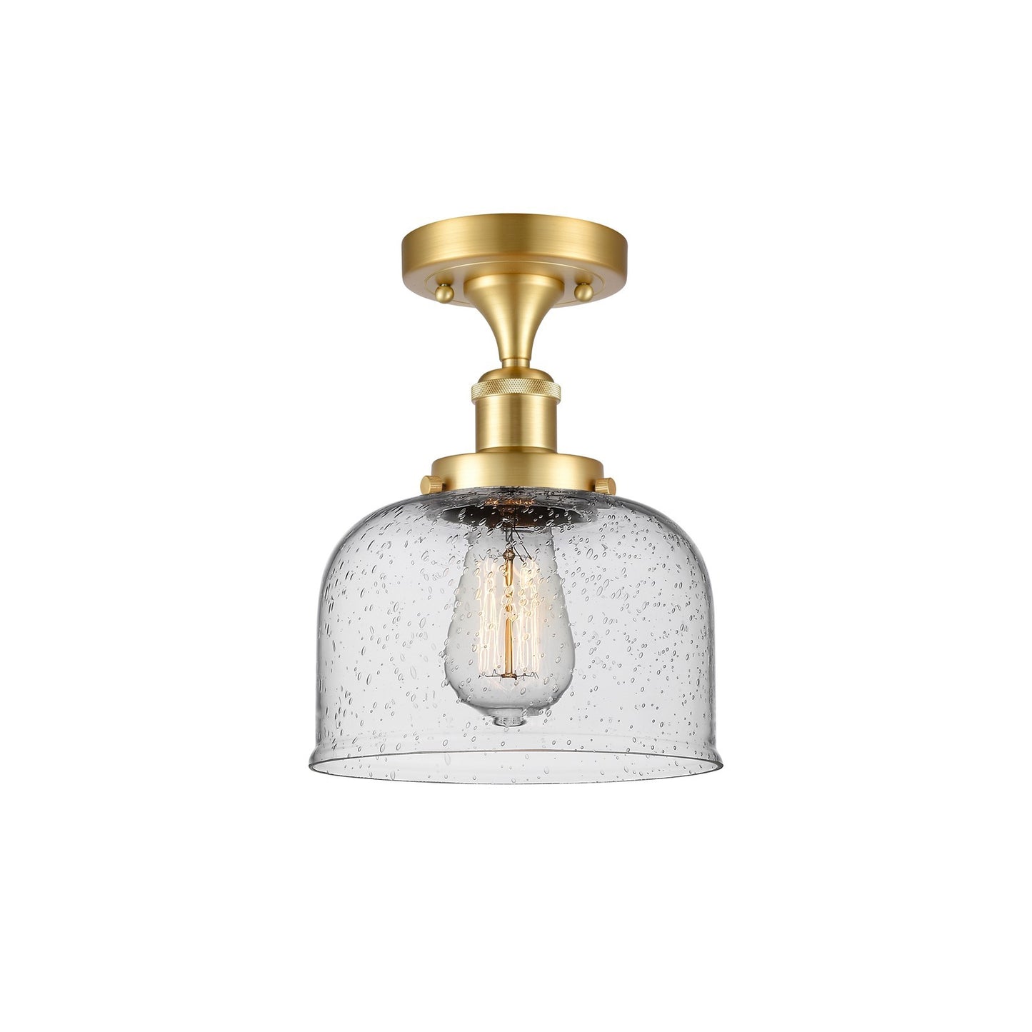 Innovations Bell 8in 1-Light Semi-Flush Mount | Industrial Satin Gold Steel and Seedy Glass | Foyer & Hallway | 8 x 8 x 13 in | Model 916-1C-SG-G74