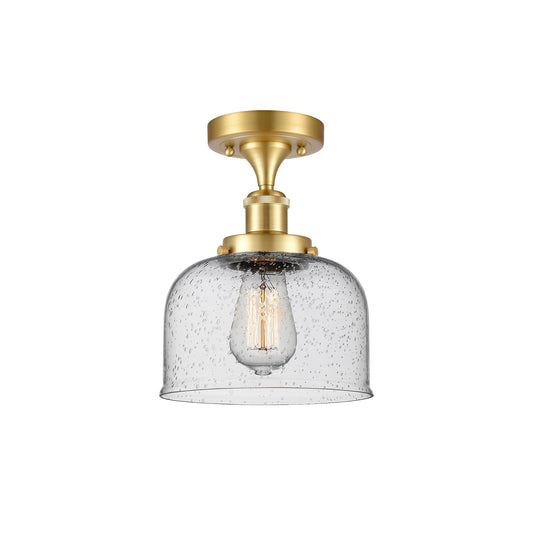Innovations Bell 8in 1-Light Semi-Flush Mount | Industrial Satin Gold Steel and Seedy Glass | Foyer & Hallway | 8 x 8 x 13 in | Model 916-1C-SG-G74