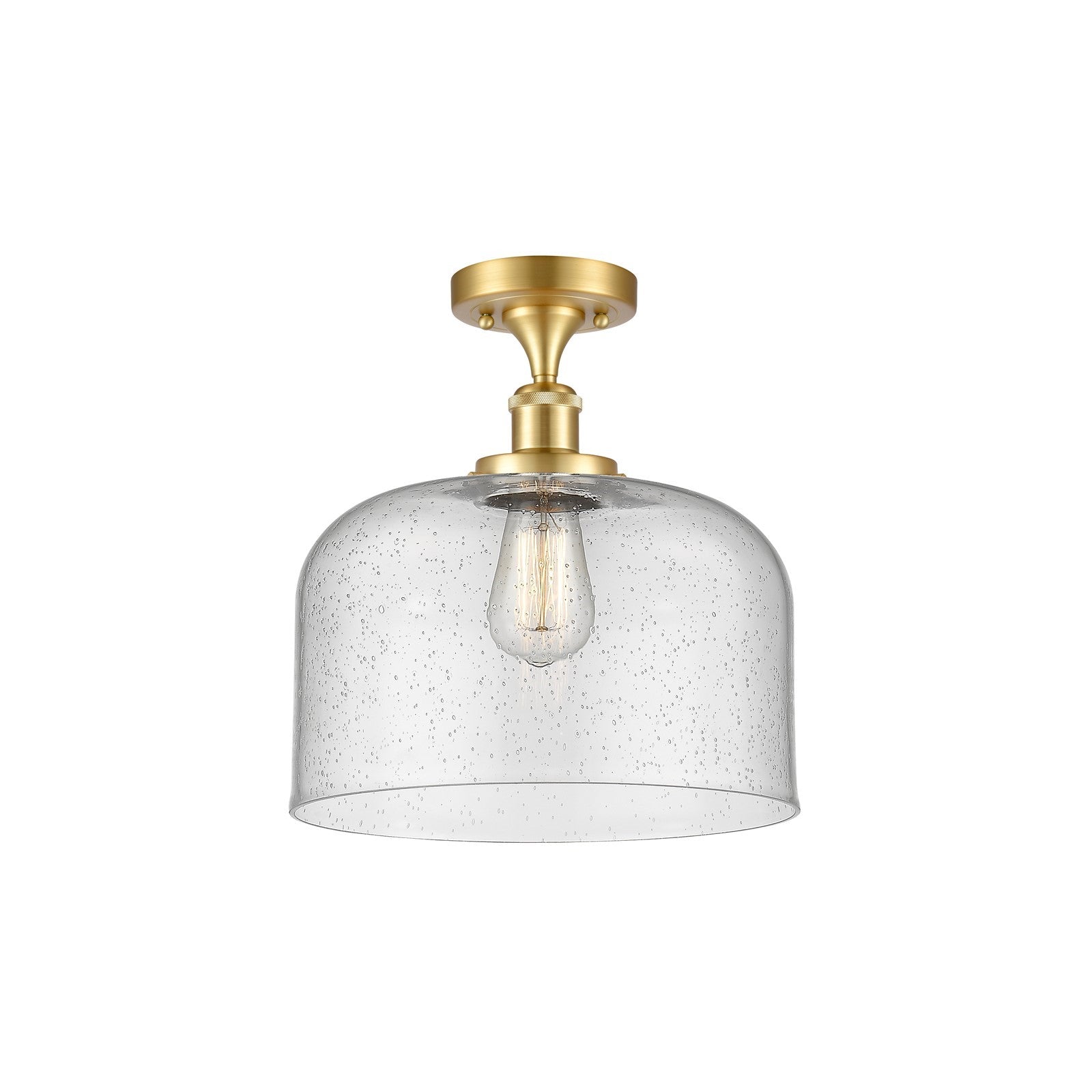 Innovations Bell 12in 1-Light Semi-Flush Mount | Industrial Satin Gold Steel and Seedy Glass | Foyer & Hallway | 12 x 12 x 13 in | Model 916-1C-SG-G74-L