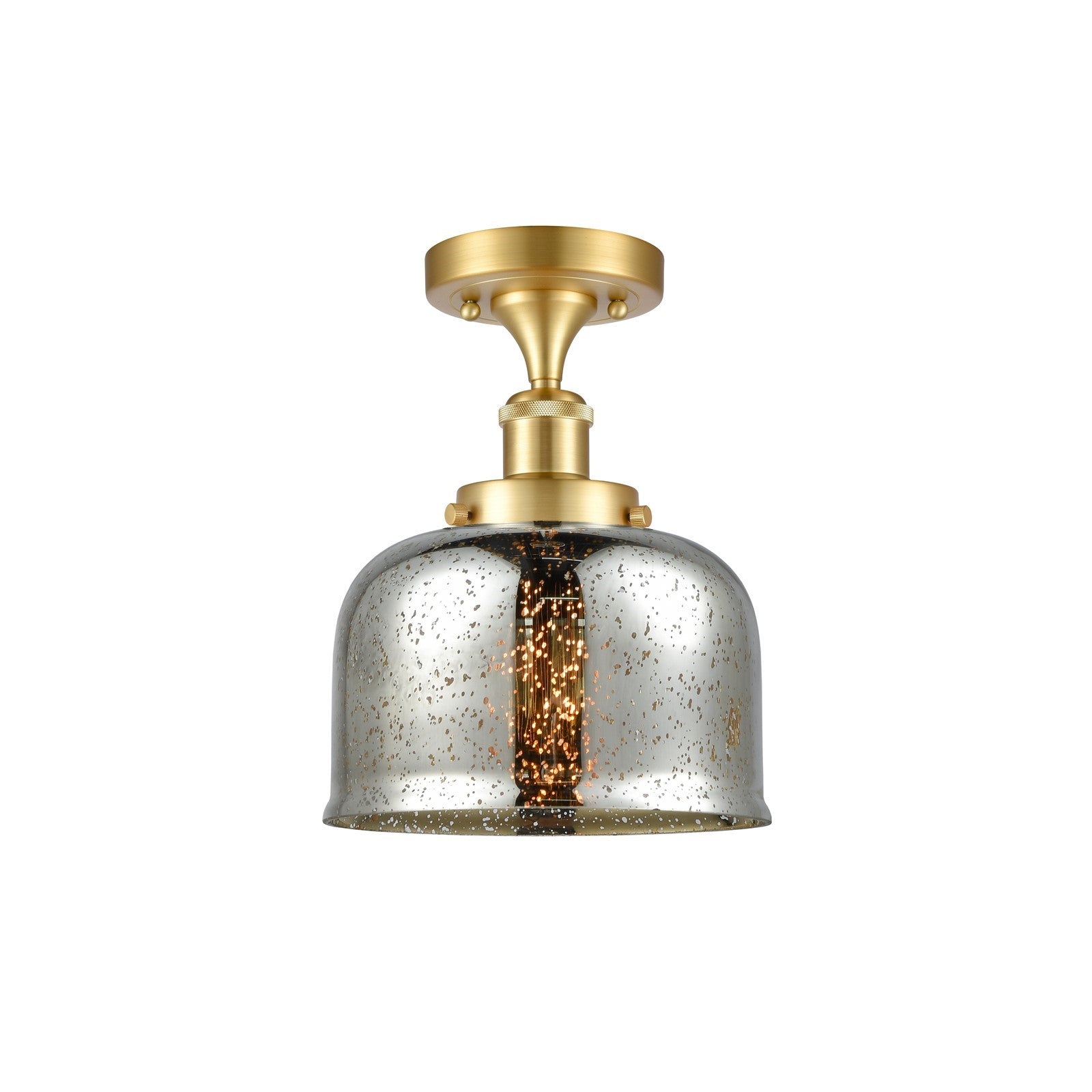 Innovations Bell 8in 1-Light Semi-Flush Mount | Industrial Satin Gold Steel and Silver Plated Mercury Glass | Entryway & Covered | Model 916-1C-SG-G78