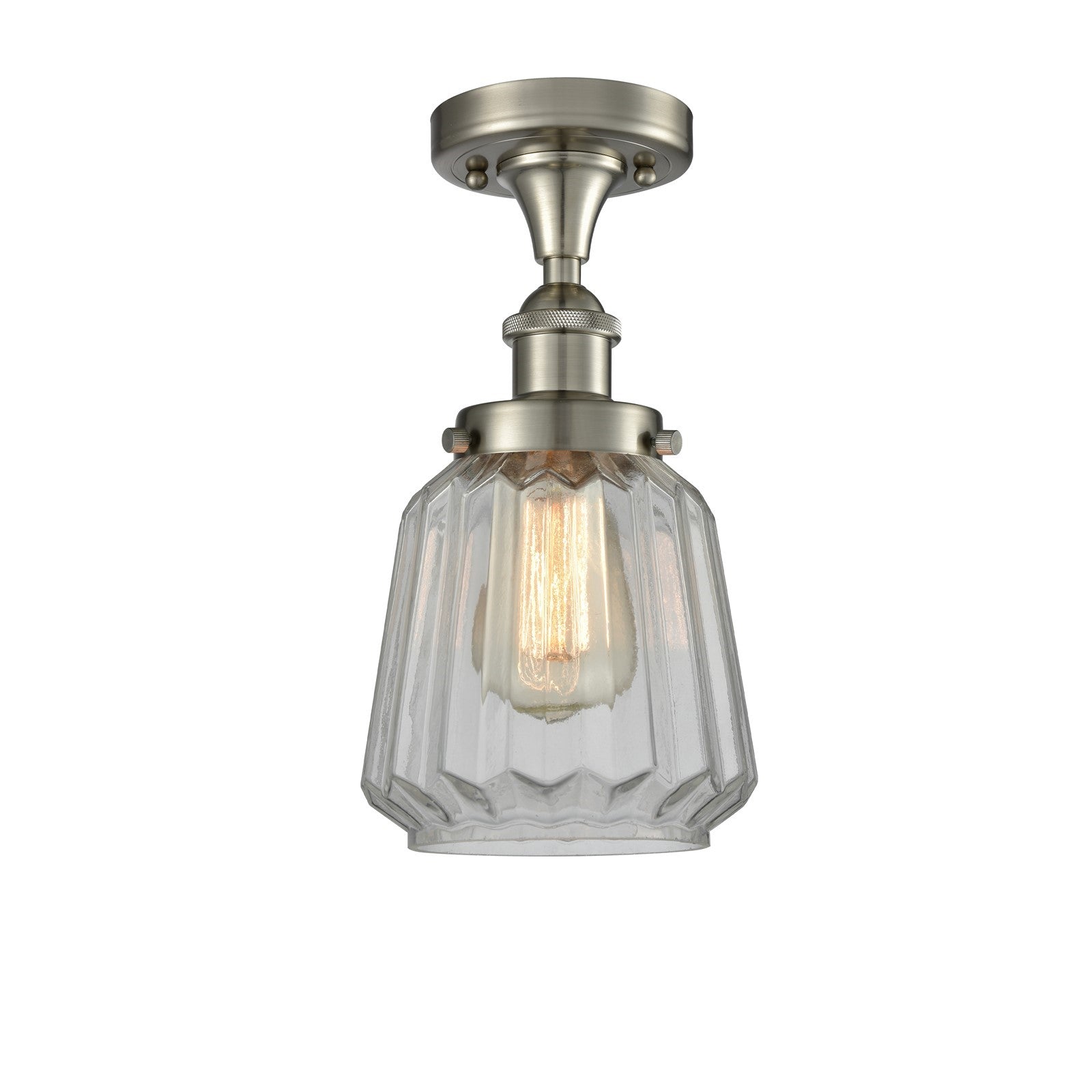 Innovations Chatham 7in 1-Light Semi-Flush Mount | Modern Transitional Brushed Satin Nickel Steel and Clear Ribbed Glass | Entryway | Model 916-1C-SN-G142