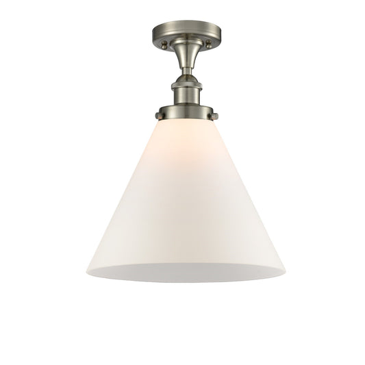 Innovations Cone 12in 1-Light Semi-Flush Mount with LED | Industrial Brushed Satin Nickel and Matte White Frosted Glass | Model 916-1C-SN-G41-L-LED