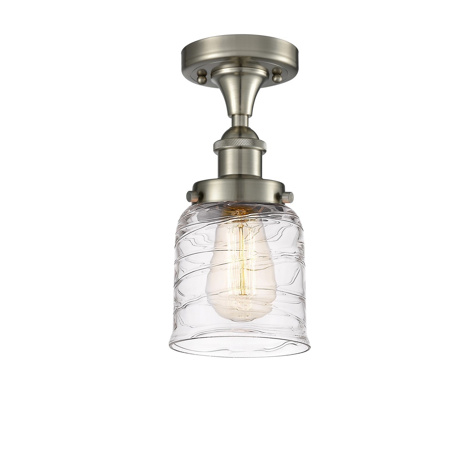Innovations Bell 5in 1-Light Semi-Flush Mount | Industrial Brushed Satin Nickel Steel and Clear Deco Swirl Glass | Hallway & | Model 916-1C-SN-G513-LED