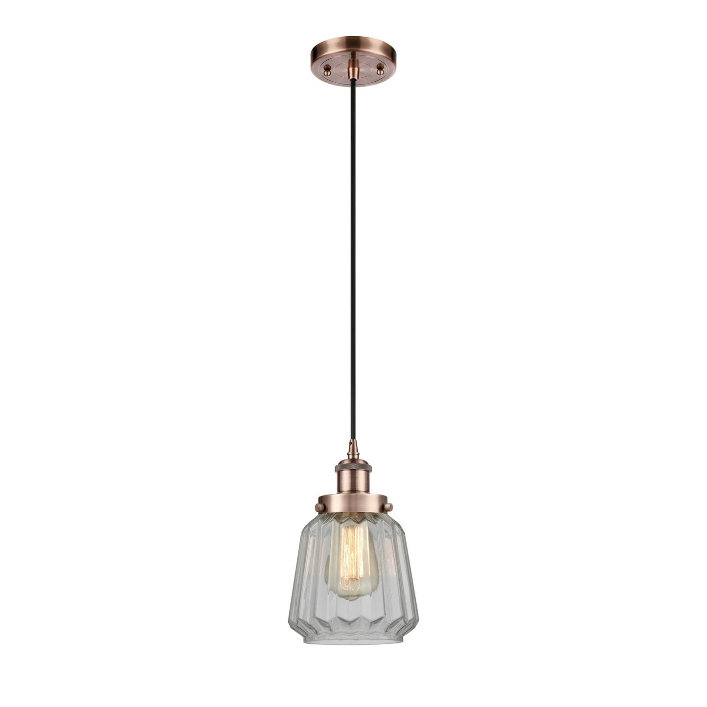 Innovations Chatham 7in 1-Light Mini Pendant | Transitional Antique Copper Steel and Cast Brass Clear Ribbed Glass | Kitchen Island | Model 916-1P-AC-G142