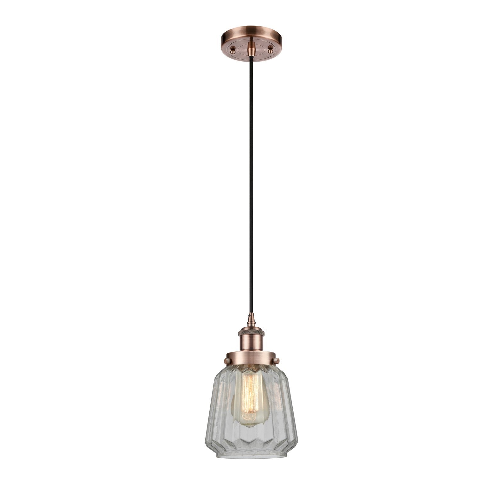 Innovations Chatham 7in 1-Light Mini Pendant | Transitional Antique Copper Steel and Cast Brass Clear Ribbed Glass | Kitchen Island | Model 916-1P-AC-G142