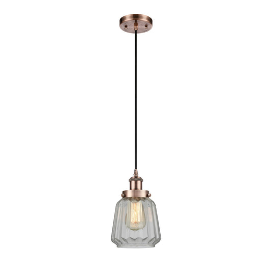 Innovations Chatham 7in 1-Light Mini Pendant | Transitional Antique Copper Steel and Cast Brass Clear Ribbed Glass | Kitchen Island | Model 916-1P-AC-G142