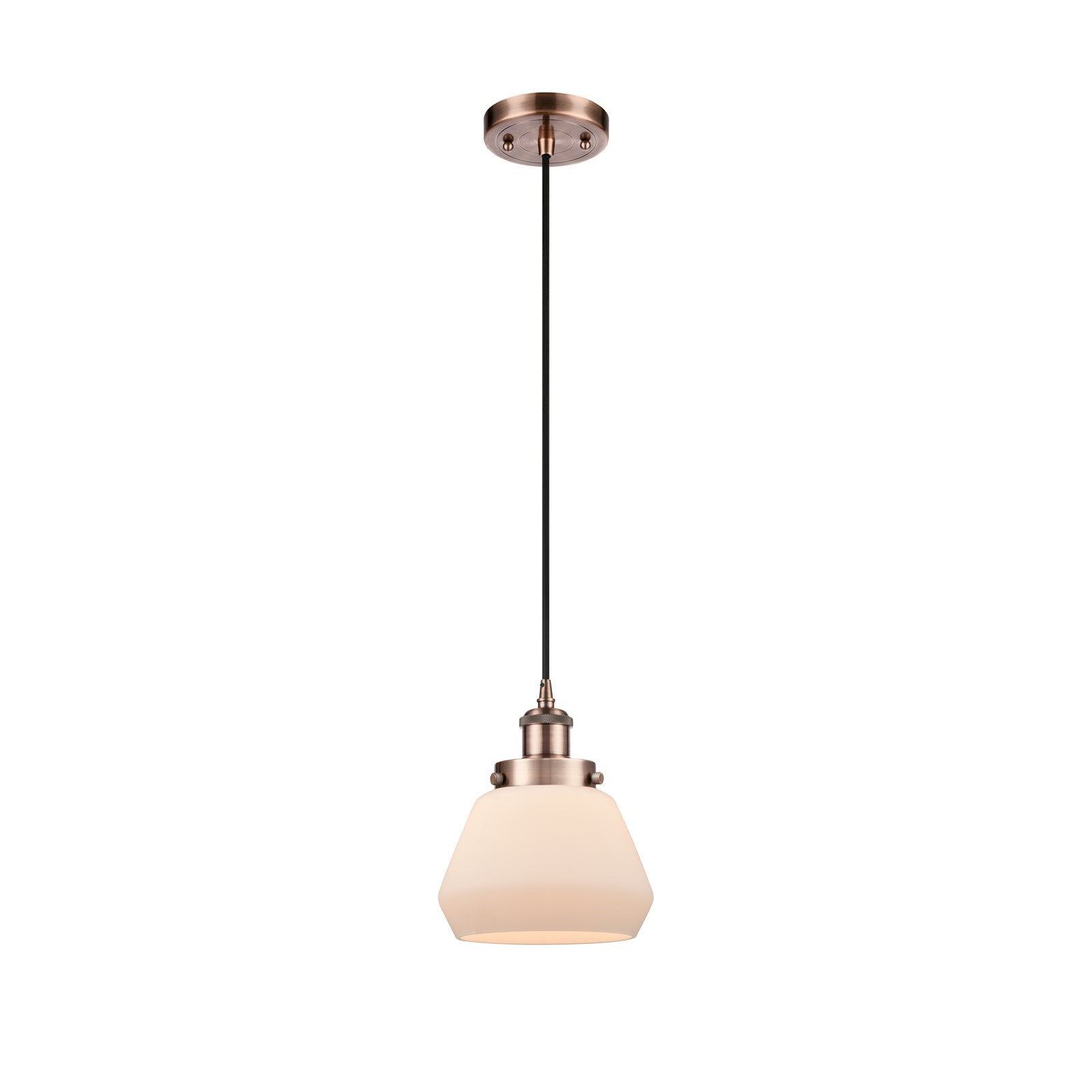 Innovations Fulton 7in 1-Light Mini Pendant | Transitional Antique Copper Steel and Cast Brass Matte White Frosted Glass | Kitchen | Model 916-1P-AC-G171