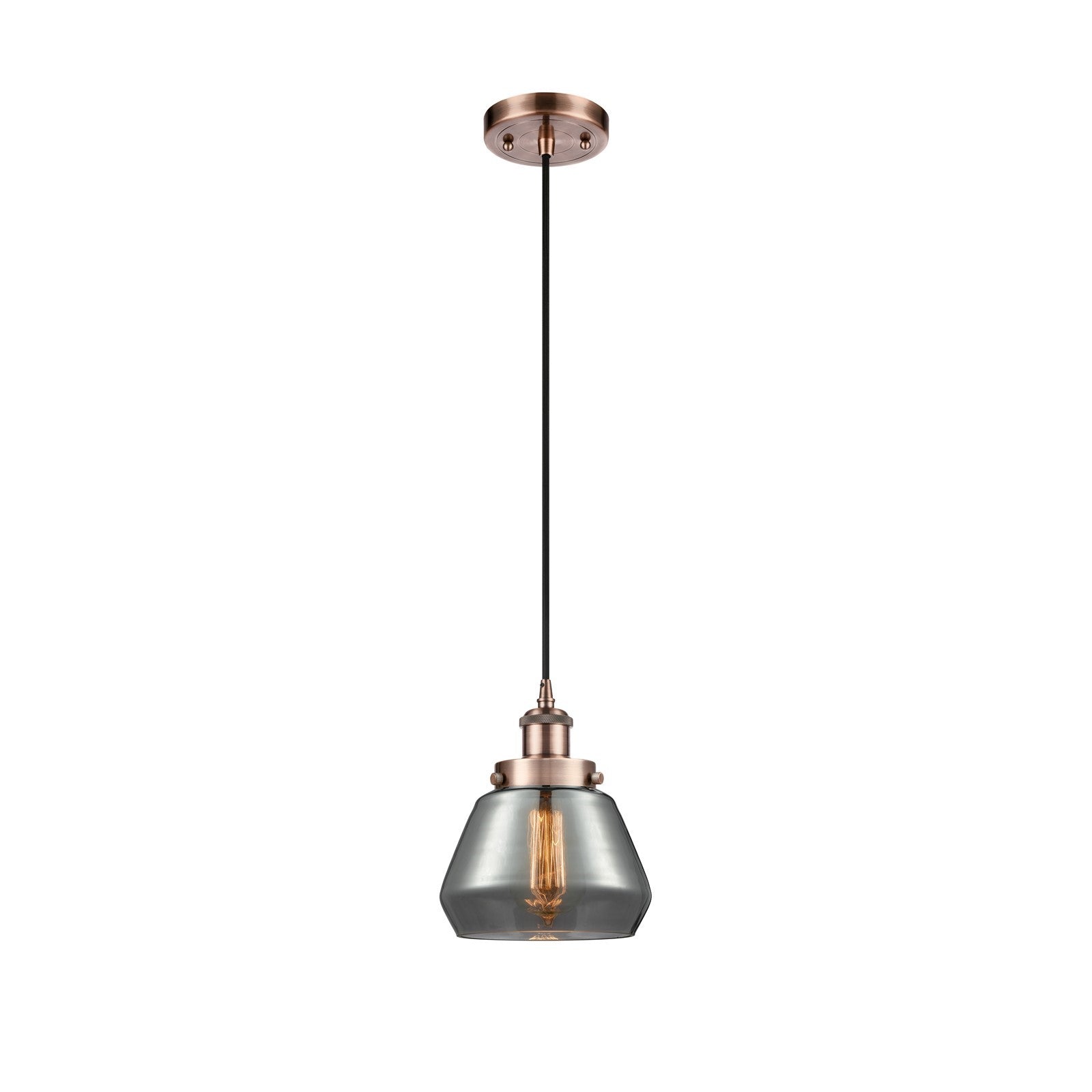 Innovations Fulton 7in 1-Light Mini Pendant | Modern Transitional Antique Copper Steel and Smoked Glass | Kitchen Island & Dining | Model 916-1P-AC-G173