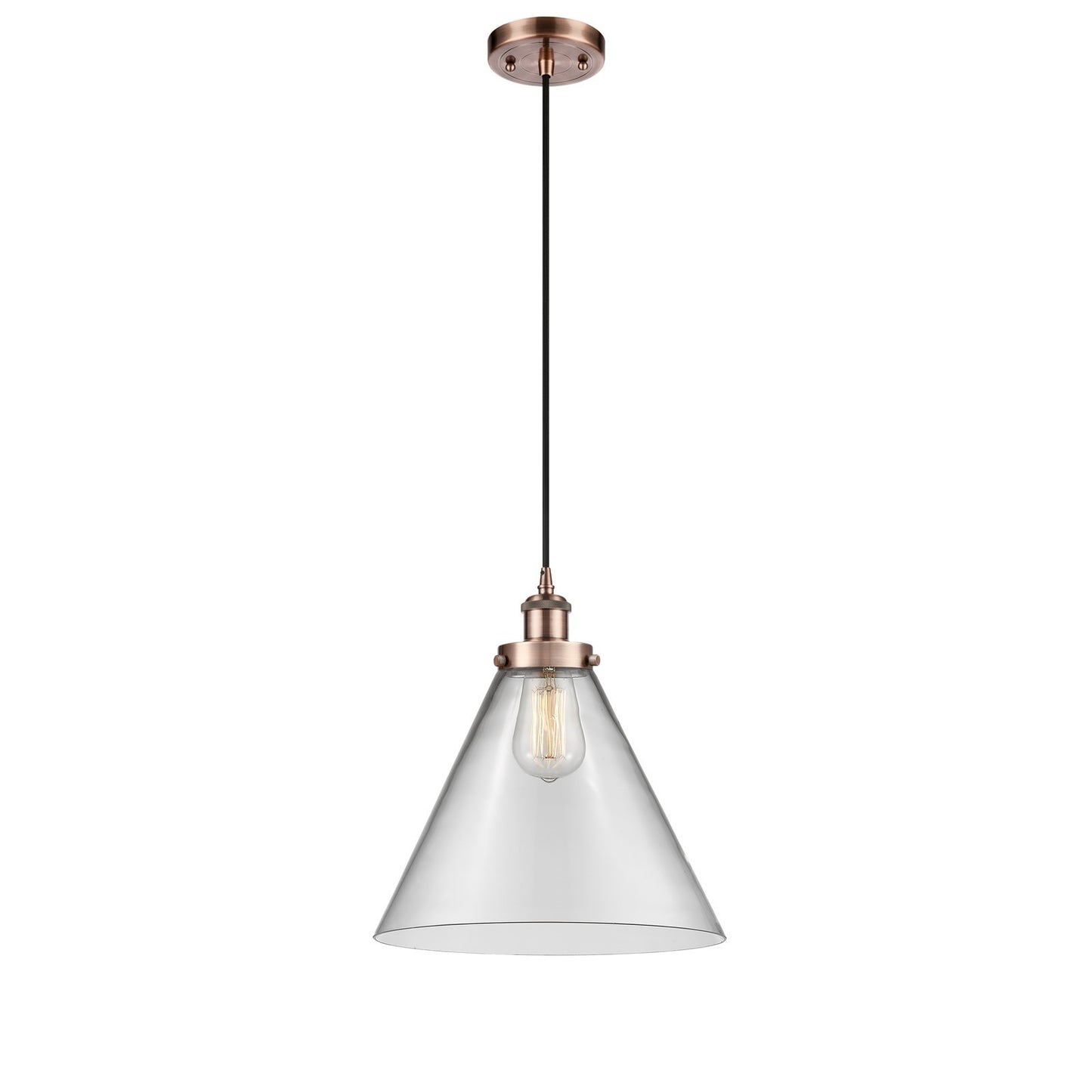 Innovations Cone 12in 1-Light Mini Pendant | Industrial Antique Copper Steel and Clear Glass | Kitchen Island & Dining Room | Model 916-1P-AC-G42-L-LED