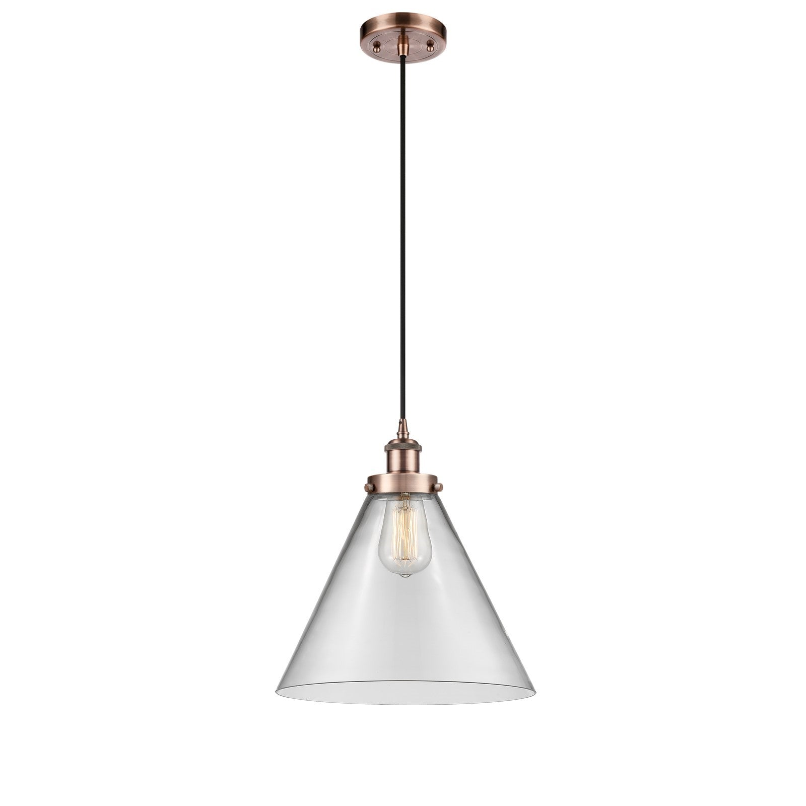 Innovations Cone 12in 1-Light Mini Pendant | Industrial Antique Copper Steel and Clear Glass | Kitchen Island & Dining Room | Model 916-1P-AC-G42-L-LED