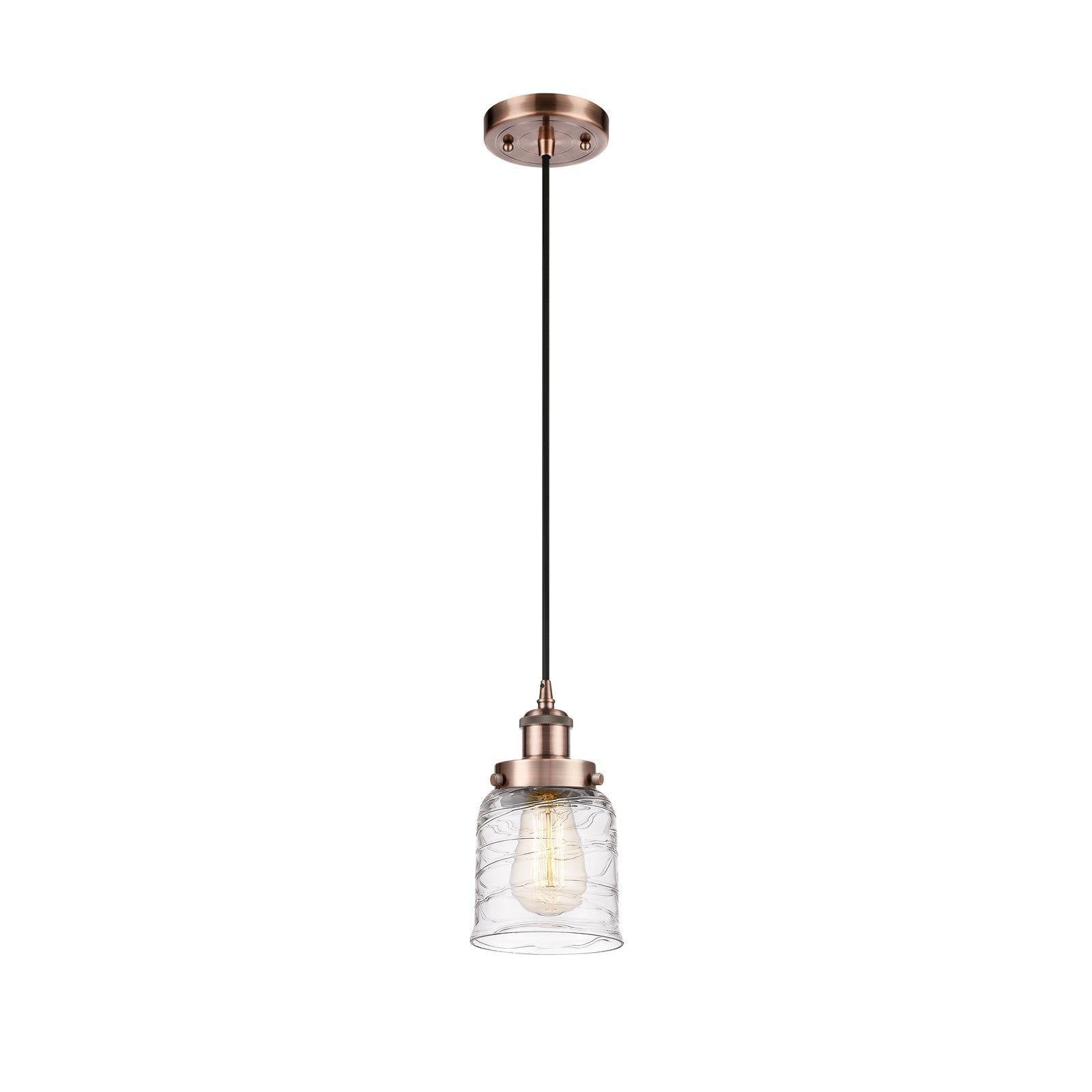 Innovations Bell 5in 1-Light Mini Pendant | Industrial Antique Copper Steel and Clear Deco Swirl Glass | Kitchen Island & | Model 916-1P-AC-G513-LED