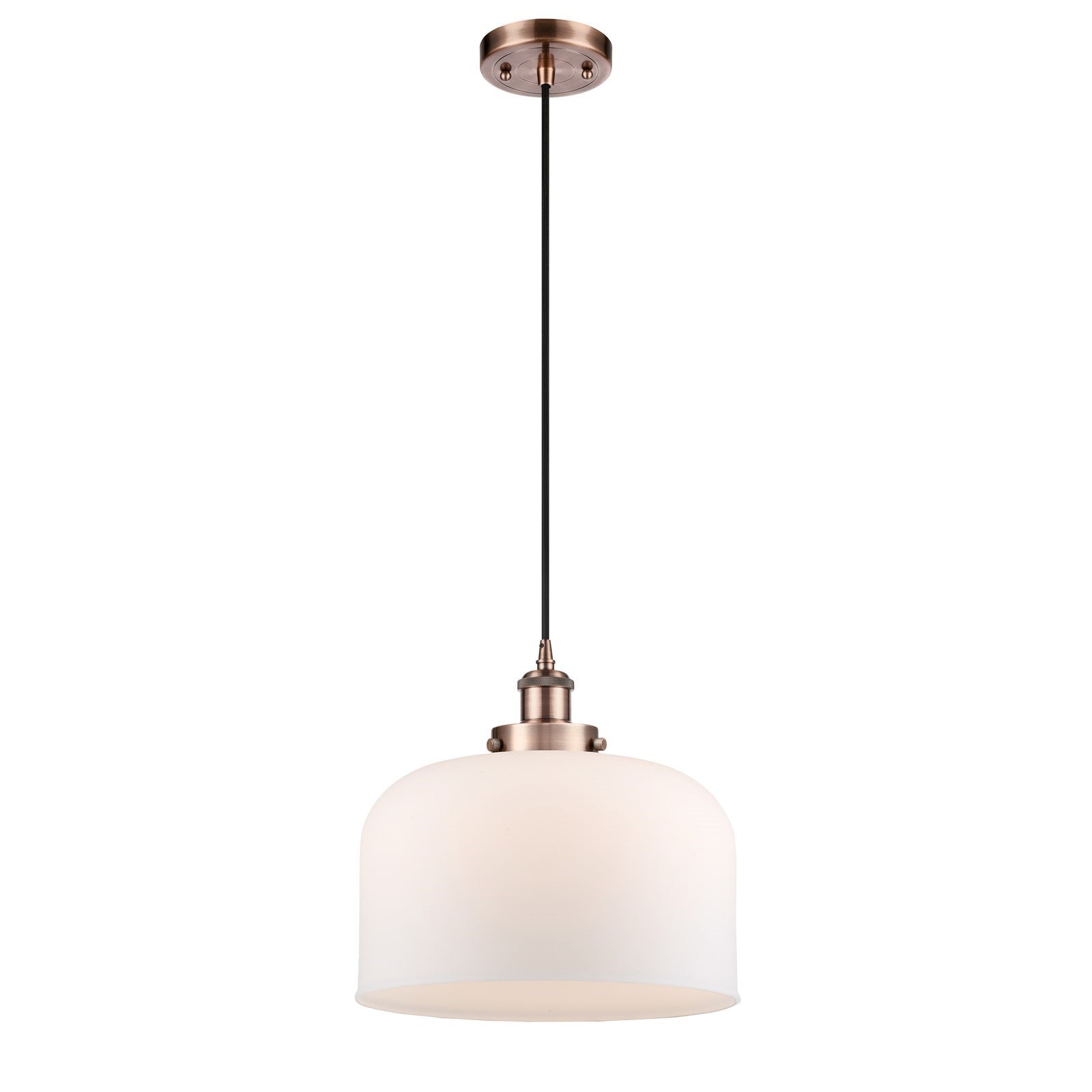 Innovations Bell 12in 1-Light Mini Pendant | Industrial Antique Copper Steel and Matte White Frosted Glass | Kitchen Island & | Model 916-1P-AC-G71-L-LED