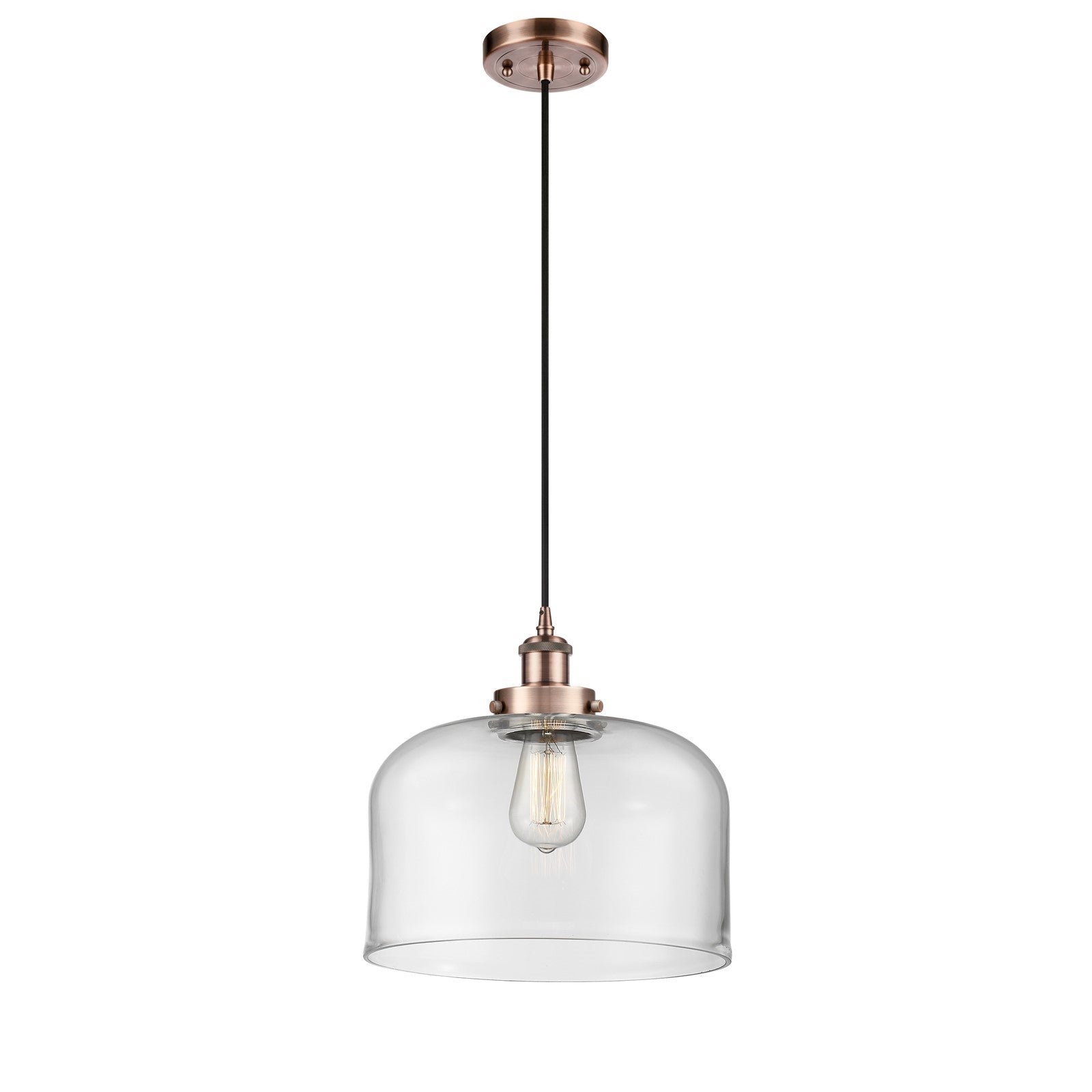 Innovations Bell 12in 1-Light Mini Pendant | Industrial Antique Copper Steel and Clear Glass | Kitchen Island & Dining Room | Model 916-1P-AC-G72-L-LED