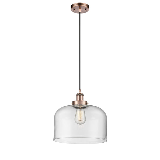 Innovations Bell 12in 1-Light Mini Pendant | Industrial Antique Copper Steel and Clear Glass | Kitchen Island & Dining Room | Model 916-1P-AC-G72-L-LED