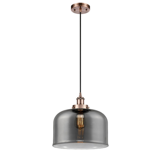 Innovations Bell 12in 1-Light Mini Pendant | Industrial Antique Copper Steel and Light Smoke Glass | Kitchen Island & Dining | Model 916-1P-AC-G73-L-LED