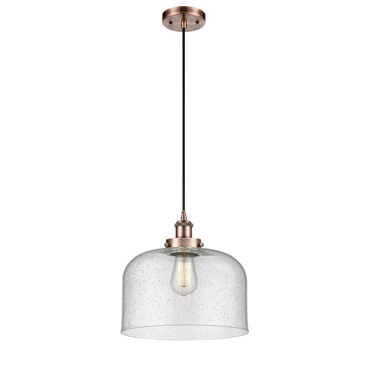 Innovations Bell 12in 1-Light Mini Pendant | Industrial Antique Copper Steel and Seedy Glass | Kitchen Island & Dining Room | Model 916-1P-AC-G74-L-LED