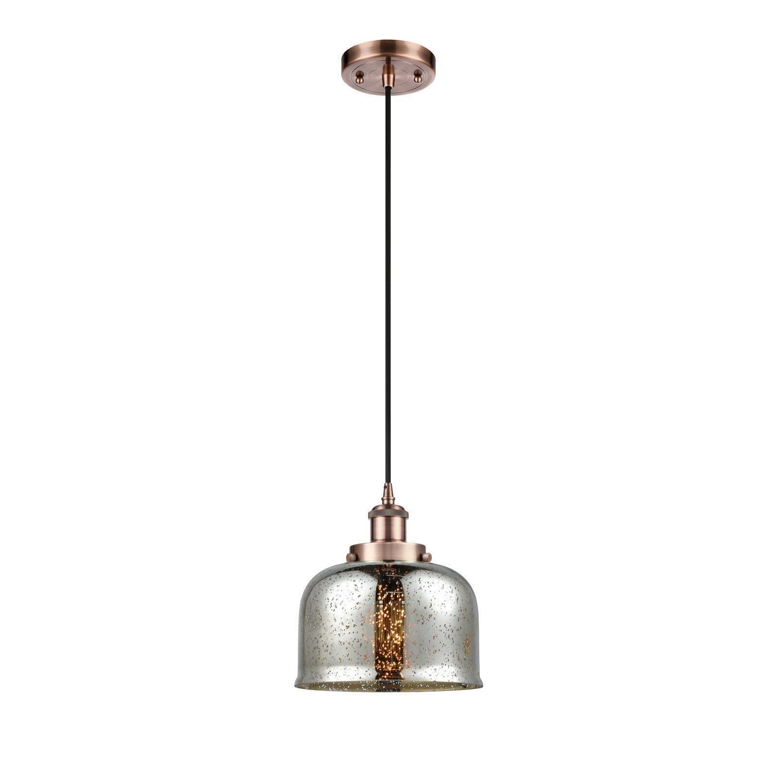 Innovations Bell 8in 1-Light Mini Pendant | Industrial Antique Copper Steel and Silver Plated Mercury Glass | Kitchen Island & | Model 916-1P-AC-G78-LED
