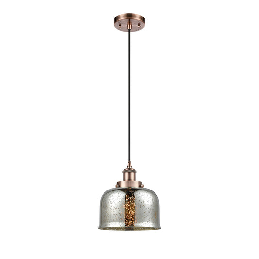 Innovations Bell 8in 1-Light Mini Pendant | Industrial Antique Copper Steel and Silver Plated Mercury Glass | Kitchen Island & | Model 916-1P-AC-G78-LED