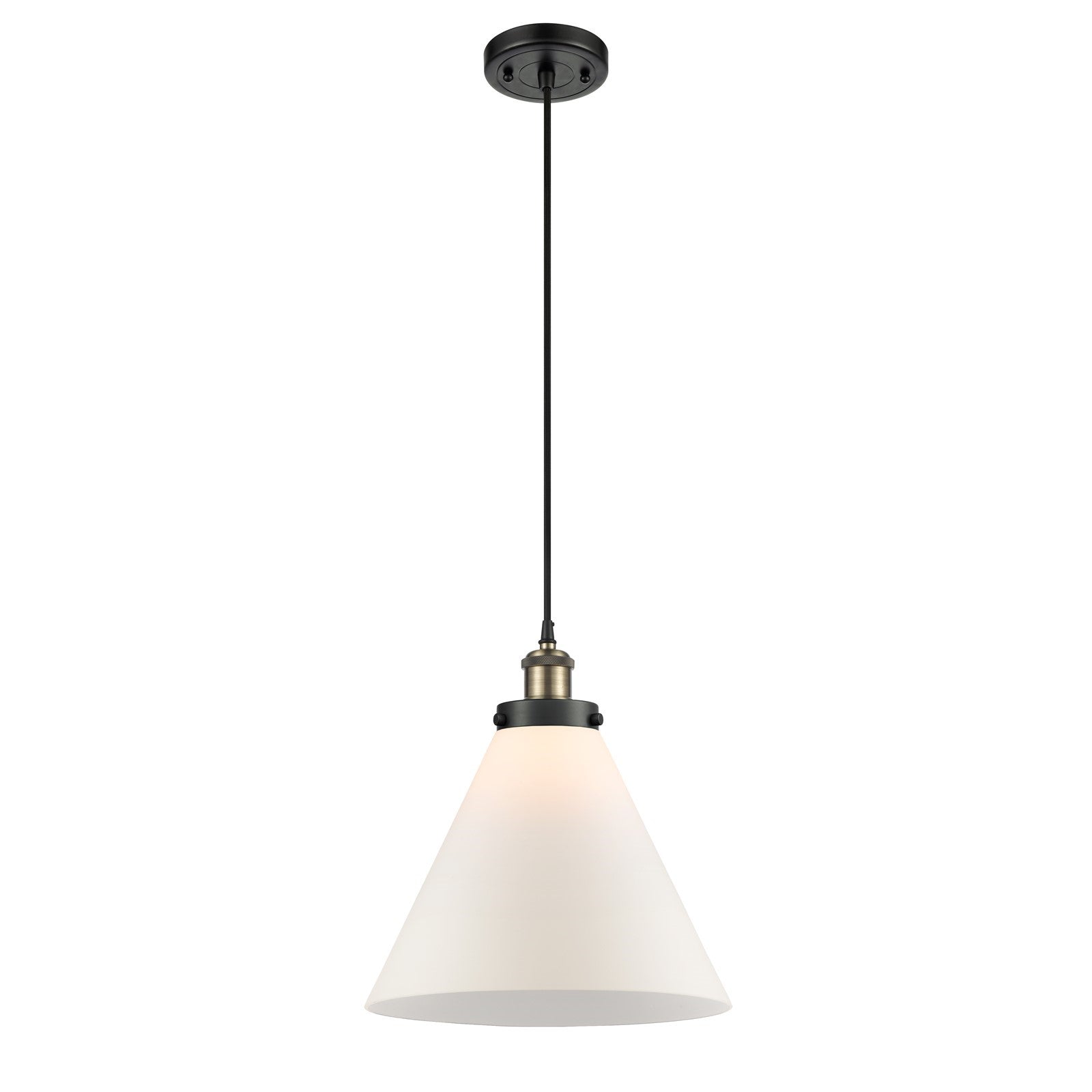 Innovations Cone 11.75in 1-Light Mini Pendant | Industrial Black Antique Brass Steel and Cast Brass Matte White Frosted Glass | Model 916-1P-BAB-G41-L-LED