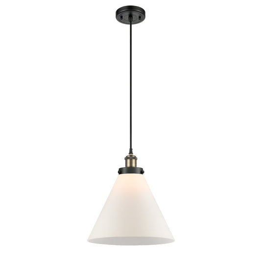 Innovations Cone 11.75in 1-Light Mini Pendant | Industrial Black Antique Brass Steel and Cast Brass Matte White Frosted Glass | Model 916-1P-BAB-G41-L-LED