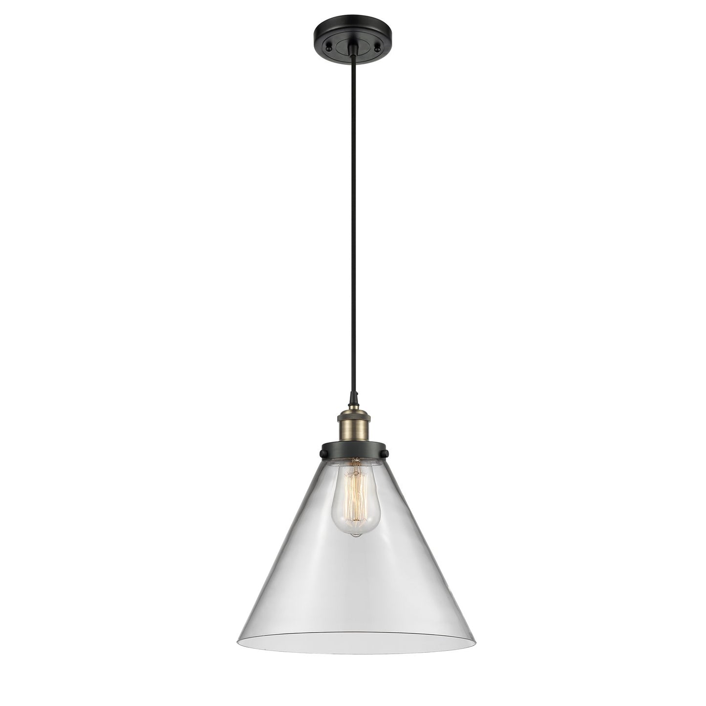 Innovations Cone 11.75in 1-Light Mini Pendant | Industrial Black Antique Brass Steel and Cast Brass Clear Glass Cone | Model 916-1P-BAB-G42-L-LED
