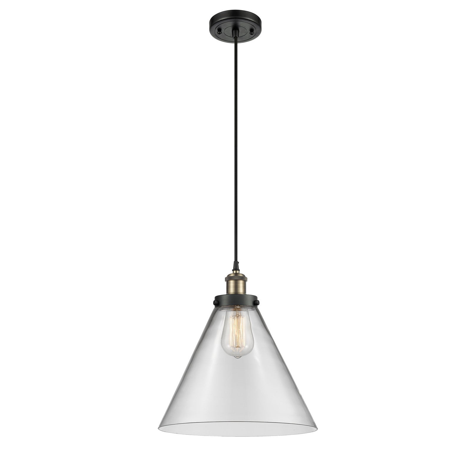 Innovations Cone 11.75in 1-Light Mini Pendant | Industrial Black Antique Brass Steel and Cast Brass Clear Glass Cone | Model 916-1P-BAB-G42-L-LED