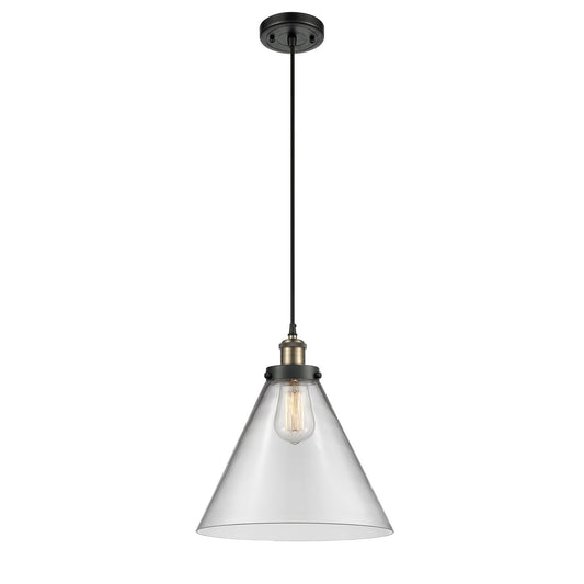 Innovations Cone 11.75in 1-Light Mini Pendant | Industrial Black Antique Brass Steel and Cast Brass Clear Glass Cone | Model 916-1P-BAB-G42-L-LED