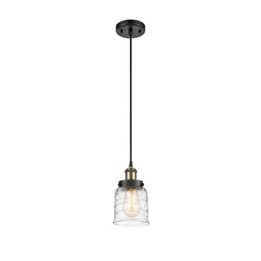 Innovations Bell 5in 1-Light Mini Pendant | Industrial Black Antique Brass and Clear Deco Swirl Glass | Kitchen Island & | Model 916-1P-BAB-G513-LED