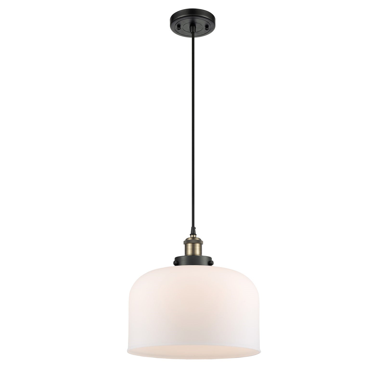 Innovations Bell 12in 1-Light Mini Pendant | Industrial Black Antique Brass and Matte White Frosted Glass | Kitchen Island & | Model 916-1P-BAB-G71-L-LED