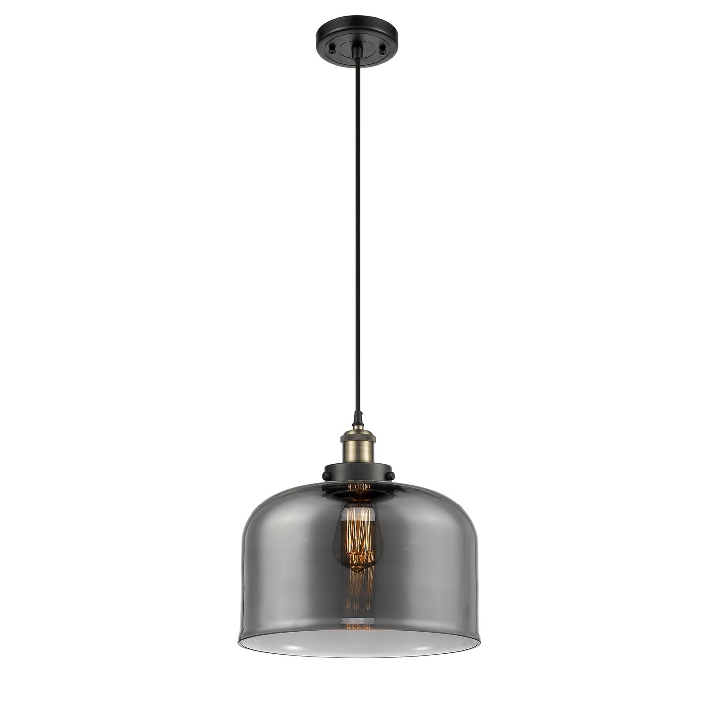 Innovations Bell 12in 1-Light Mini Pendant | Industrial Black Antique Brass Steel and Light Smoke Glass | Kitchen Island & | Model 916-1P-BAB-G73-L-LED