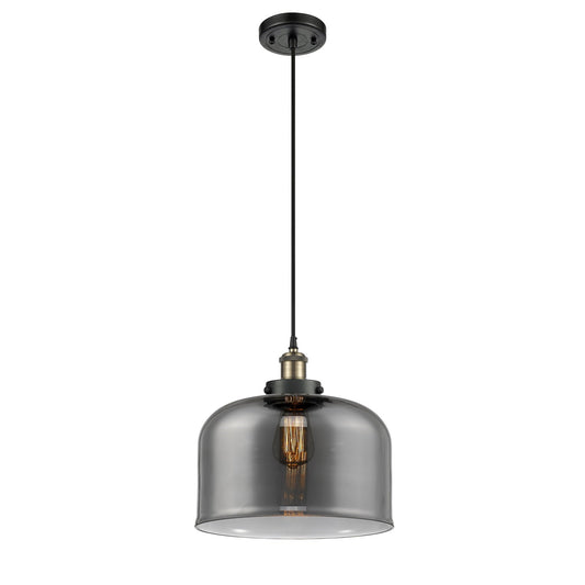 Innovations Bell 12in 1-Light Mini Pendant | Industrial Black Antique Brass Steel and Light Smoke Glass | Kitchen Island & | Model 916-1P-BAB-G73-L-LED