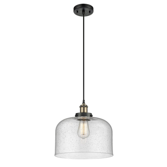 Innovations Bell 12in 1-Light Mini Pendant | Industrial Black Antique Brass Steel and Seedy Glass | Kitchen Island & Dining | Model 916-1P-BAB-G74-L-LED