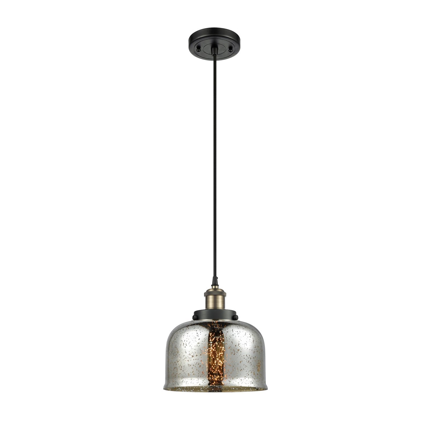Innovations Bell 8in 1-Light Mini Pendant | Industrial Black Antique Brass Steel and Silver Plated Mercury Glass | Kitchen | Model 916-1P-BAB-G78-LED