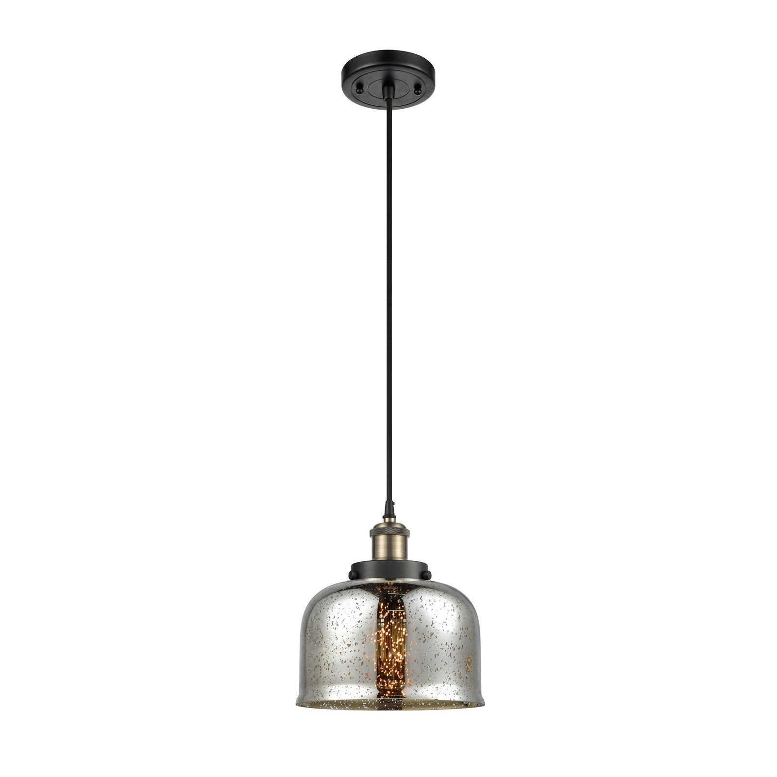 Innovations Bell 8in 1-Light Mini Pendant | Industrial Black Antique Brass Steel and Silver Plated Mercury Glass | Kitchen | Model 916-1P-BAB-G78-LED