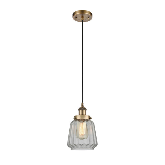 Innovations Chatham 7in 1-Light Mini Pendant | Modern Transitional Brushed Brass and Clear Ribbed Glass | Dining Room & Kitchen | Model 916-1P-BB-G142