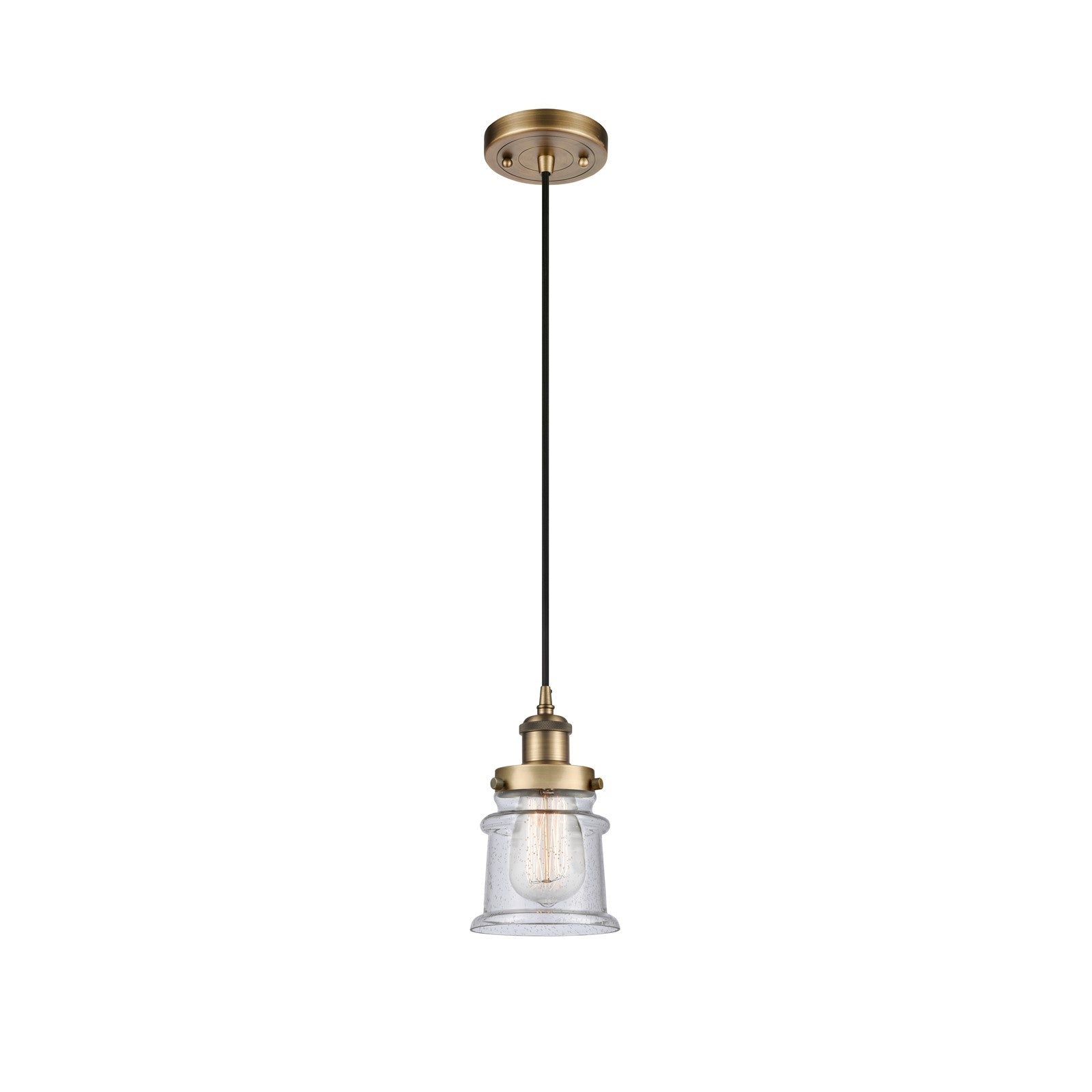 Innovations Canton 5.25in 1-Light Mini Pendant | Modern Contempo Brushed Brass Steel and Seedy Glass | Kitchen Island & Dining | Model 916-1P-BB-G184S