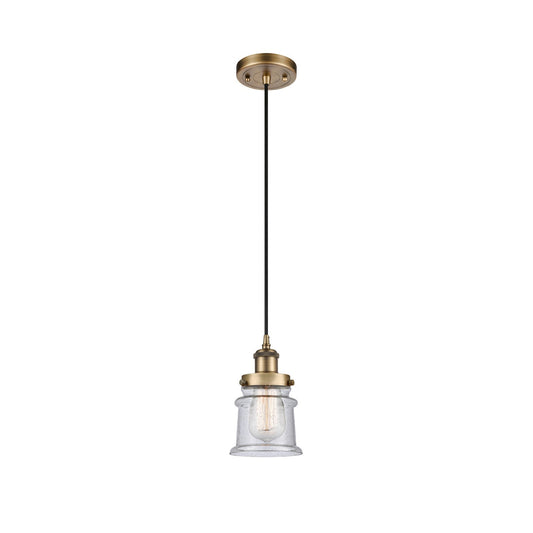 Innovations Canton 5.25in 1-Light Mini Pendant | Modern Contempo Brushed Brass Steel and Seedy Glass | Kitchen Island & Dining | Model 916-1P-BB-G184S