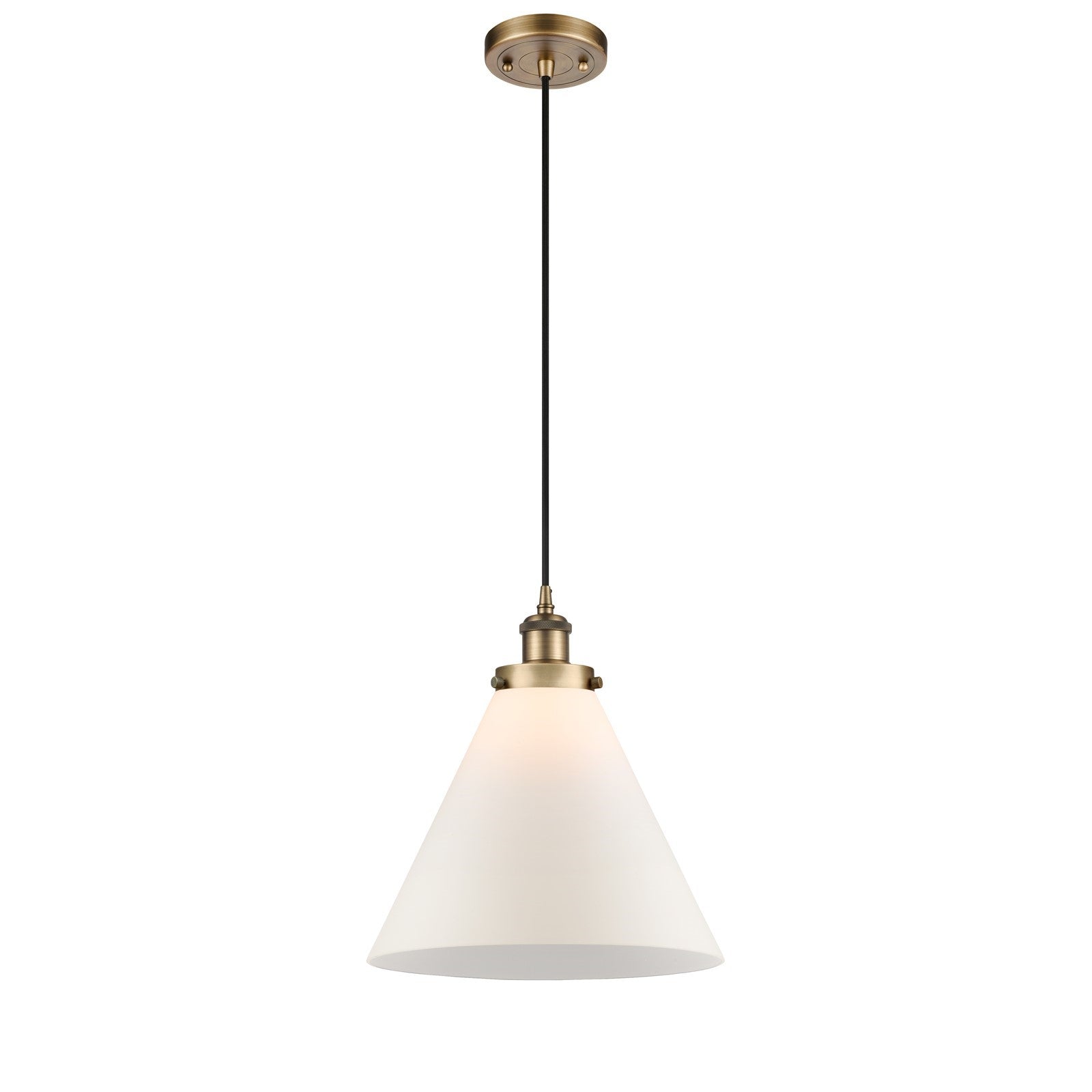 Innovations Cone 12in 1-Light Mini Pendant | Industrial Brushed Brass and Matte White Frosted Glass | Kitchen Island & Dining | Model 916-1P-BB-G41-L-LED