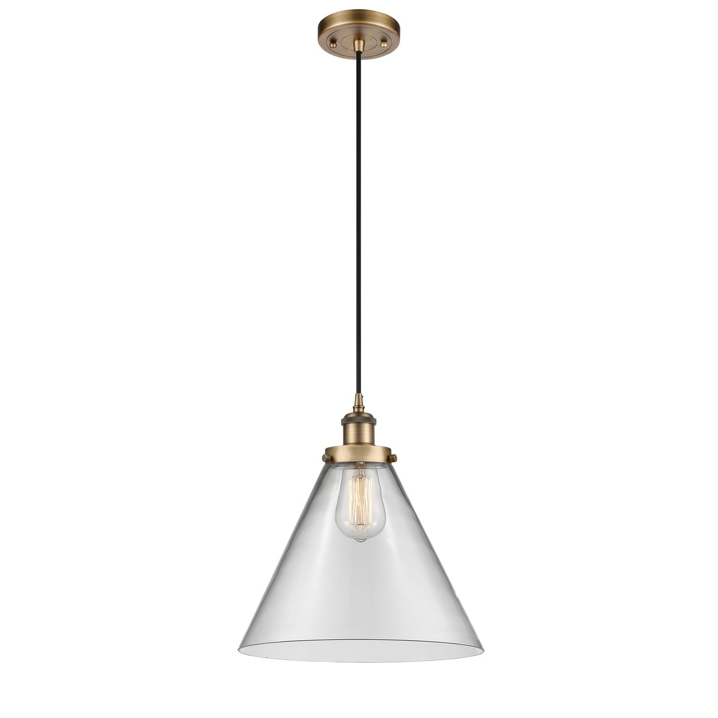 Innovations Cone 12in 1-Light Mini Pendant | Industrial Brushed Brass and Clear Glass | Kitchen Island & Dining Room | Model 916-1P-BB-G42-L-LED