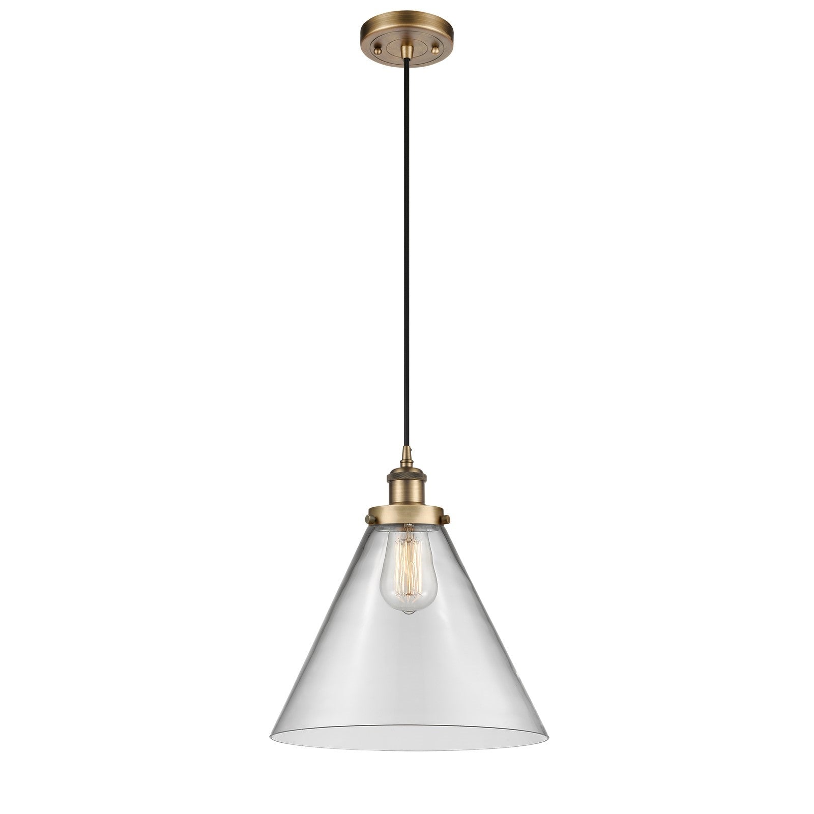 Innovations Cone 12in 1-Light Mini Pendant | Industrial Brushed Brass and Clear Glass | Kitchen Island & Dining Room | Model 916-1P-BB-G42-L-LED