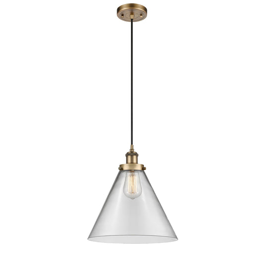Innovations Cone 12in 1-Light Mini Pendant | Industrial Brushed Brass and Clear Glass | Kitchen Island & Dining Room | Model 916-1P-BB-G42-L-LED
