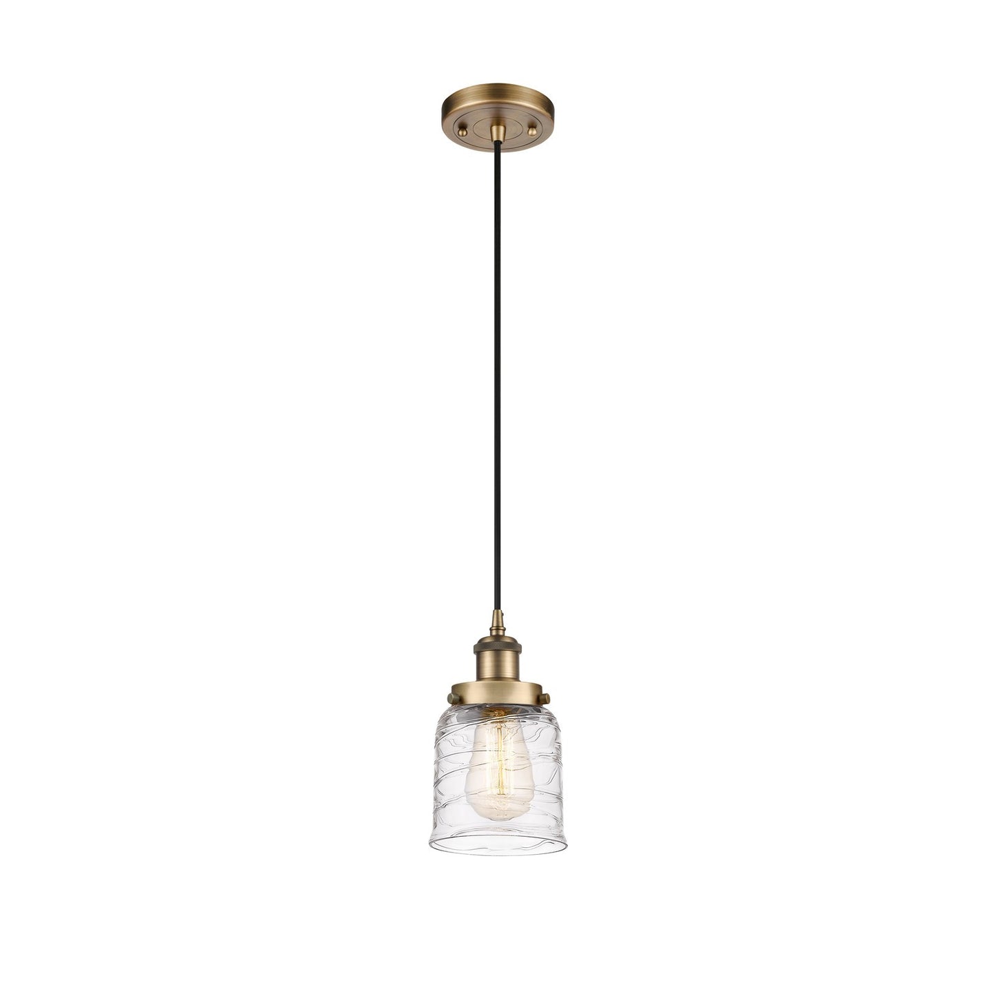 Innovations Bell 5in 1-Light Mini Pendant | Industrial Brushed Brass and Clear Deco Swirl Glass | Kitchen Island & Dining Room | Model 916-1P-BB-G513-LED
