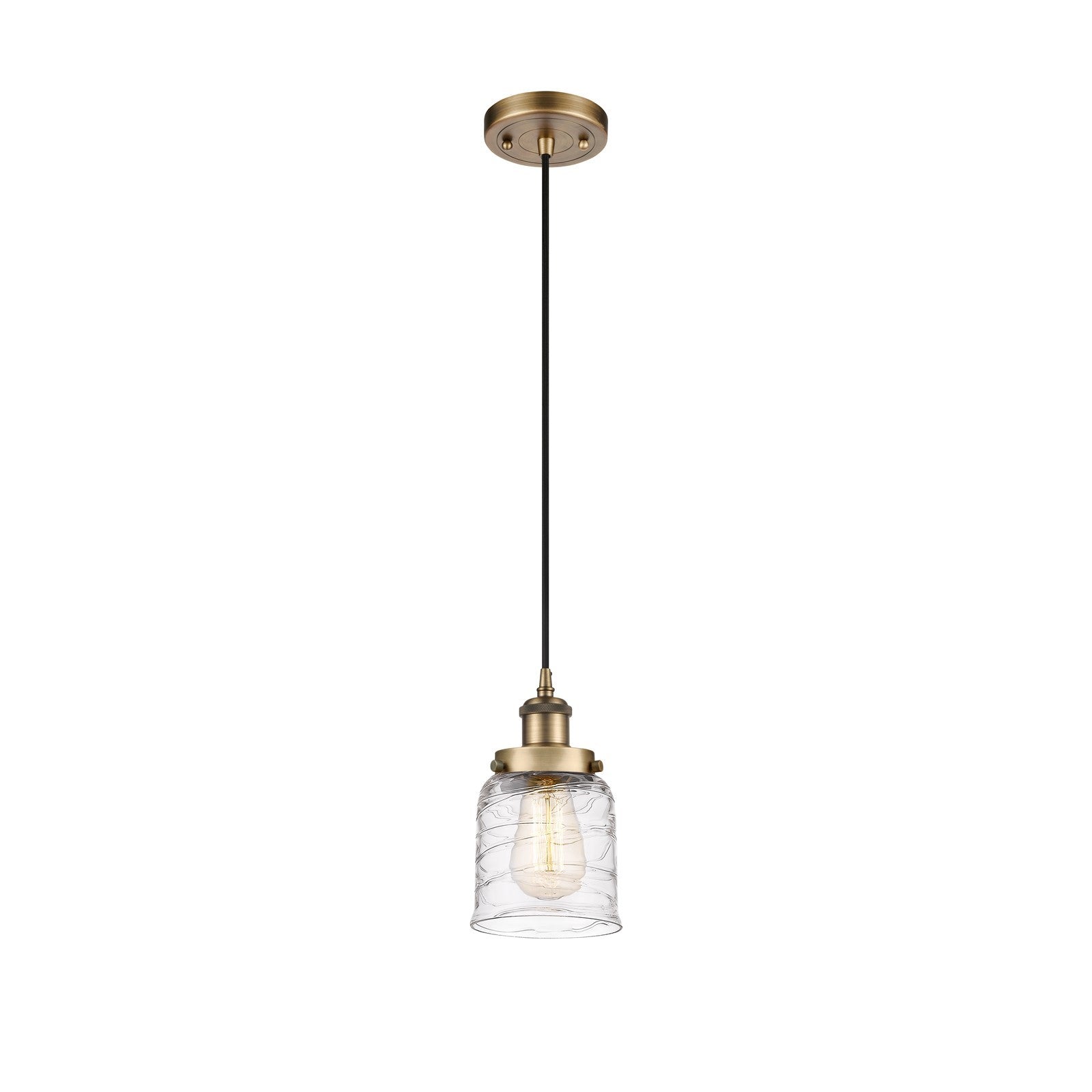 Innovations Bell 5in 1-Light Mini Pendant | Industrial Brushed Brass and Clear Deco Swirl Glass | Kitchen Island & Dining Room | Model 916-1P-BB-G513-LED